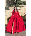 Robe Maxi Taille Drapée Col V Rouge