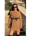 Crew Neck Ripped Pullover Dress Camel
