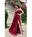 Glittery Maxi Evening Dress with Side Slits and Straps Claret Red