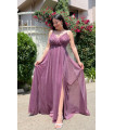 Glittery Maxi Evening Dress with Side Slits and Straps Dried Rose