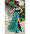 Glittery Maxi Evening Dress with Side Slits and Straps Emerald