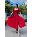 فستان ميدي بياقة على شكل قلب وأكمام قصيرة وفتحة جانبية أحمر