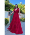 Shoulder Draped Skirt Layered Maxi Tulle Evening Dress Red