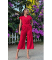 Double Breasted Collar Sleeveless Capri Jumpsuit Red