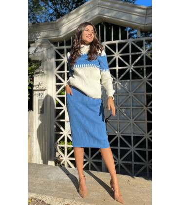 Front Pocket Skirt Sweater Double Knitwear Suit Blue