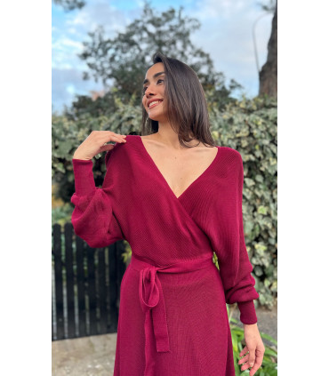 Double Breasted Belted Sweater Dress Burgundy