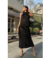 Collar Floral Open Shoulder Skirt Blouse Satin Suit Black