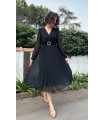 V-Neck Pleated Skirt Belted Midi Chiffon Dress Black