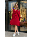 Kruvaze Kuşaklı Triko Elbise Kırmızı