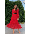 V Neck Watermelon Sleeve Lace Chiffon Dress Red