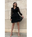 Double Breasted Collar Skirt Layered Lace Dress Black