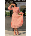Neck Tied Skirt Pleated Guipure Dress Salmon